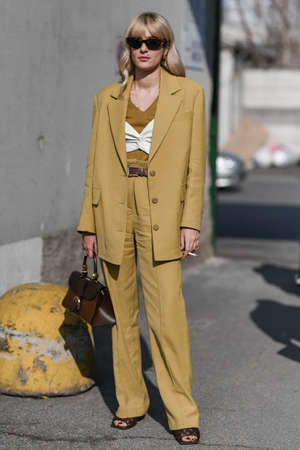 Milan, Italy - February 19, 2020:  Erleonora Carisi before a fashion show during Milan Fashion Week - streetstylefw20のeditorial素材