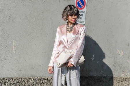 Milan, Italy - February 19, 2020: Street style appearance during Milan Fashion Week - streetstylefw20のeditorial素材