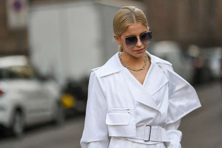 Milan, Italy - February 20, 2020: Caroline Daur before a fashion show during Milan Fashion Week - streetstylefw20のeditorial素材