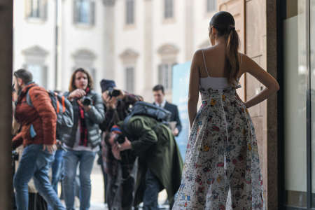 Milan, Italy - February 19, 2020: Street style appearance during Milan Fashion Week - streetstylefw20のeditorial素材