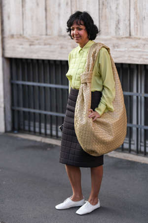 Milan, Italy - February 22, 2020: Street style appearance during Milan Fashion Week - streetstylefw20のeditorial素材