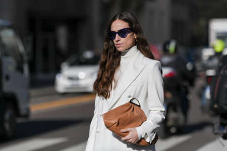 Milan, Italy - February 20, 2020: Erika Boldrin before a fashion show during Milan Fashion Week - streetstylefw20のeditorial素材