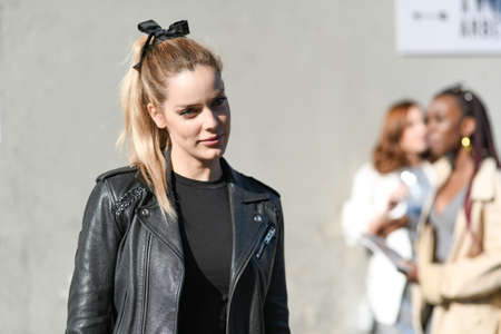 Milan, Italy - February 19, 2020: Street style appearance during Milan Fashion Week - streetstylefw20のeditorial素材