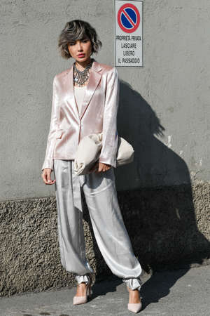 Milan, Italy - February 19, 2020: Street style appearance during Milan Fashion Week - streetstylefw20のeditorial素材