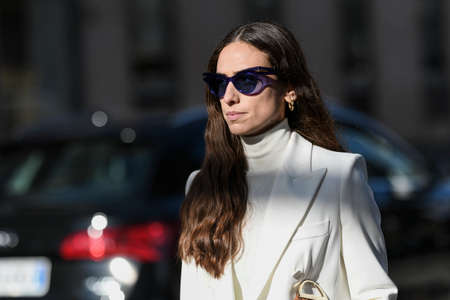 Milan, Italy - February 20, 2020: Erika Boldrin before a fashion show during Milan Fashion Week - streetstylefw20のeditorial素材