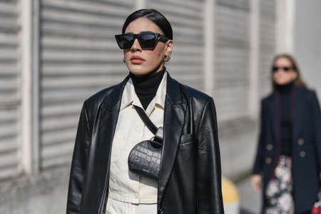 Milan, Italy - February 19, 2020: Street style appearance during Milan Fashion Week - streetstylefw20のeditorial素材