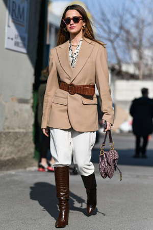 Milan, Italy - February 19, 2020: Street style appearance during Milan Fashion Week - streetstylefw20のeditorial素材