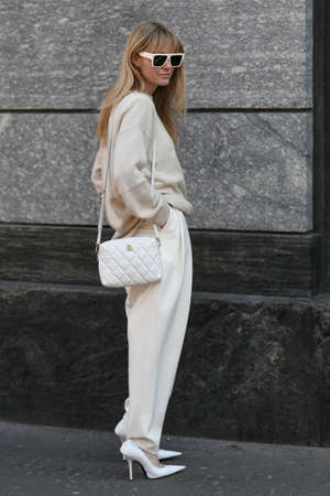 Milan, Italy - February 22, 2020: Street style appearance during Milan Fashion Week - streetstylefw20のeditorial素材