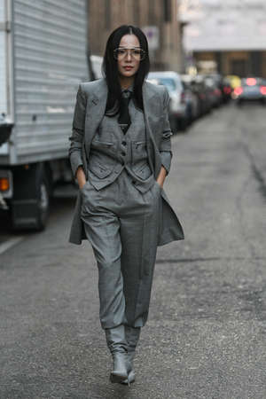 Milan, Italy - February 20, 2020: Yoyo Cao before a fashion show during Milan Fashion Week - streetstylefw20のeditorial素材