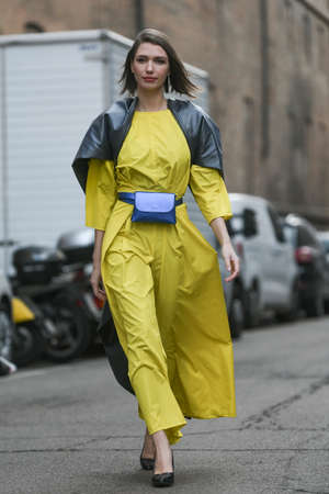 Milan, Italy - February 20, 2020: Street style appearance during Milan Fashion Week - streetstylefw20のeditorial素材