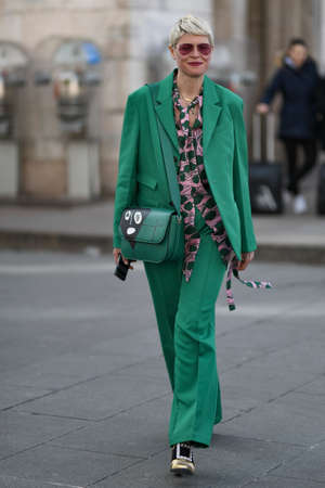 Milan, Italy - February 20, 2020: Street style appearance during Milan Fashion Week - streetstylefw20のeditorial素材