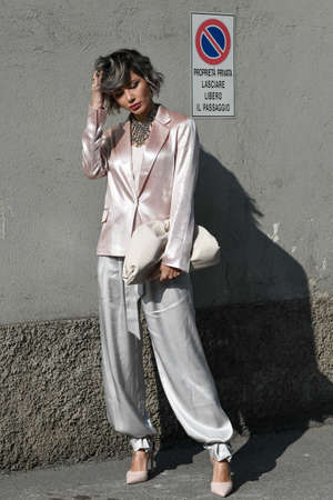 Milan, Italy - February 19, 2020: Street style appearance during Milan Fashion Week - streetstylefw20のeditorial素材