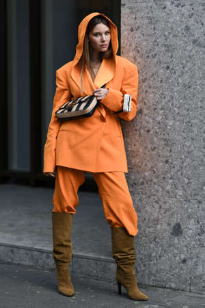 Milan, Italy - February 20, 2020: Street style appearance during Milan Fashion Week - streetstylefw20のeditorial素材