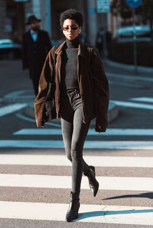 Milan, Italy - February 22, 2020: Street style appearance during Milan Fashion Week - streetstylefw20のeditorial素材