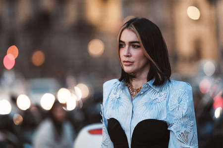 Milan, Italy - February 21, 2020: Street style appearance during Milan Fashion Week - streetstylefw20のeditorial素材