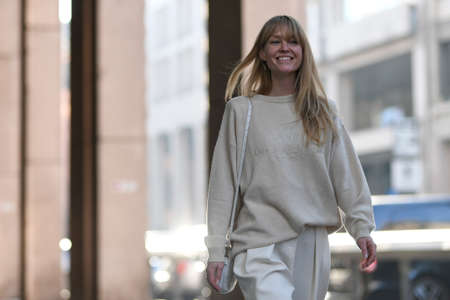 Milan, Italy - February 22, 2020: Street style appearance during Milan Fashion Week - streetstylefw20のeditorial素材