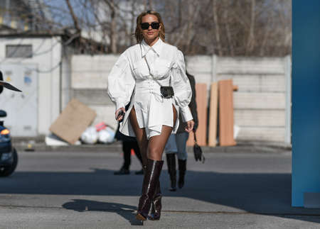 Milan, Italy - February 19, 2020: Street style appearance during Milan Fashion Week - streetstylefw20のeditorial素材