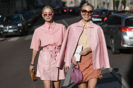 Milan, Italy - February 22, 2020: Street style appearance during Milan Fashion Week - streetstylefw20のeditorial素材