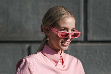 Milan, Italy - February 22, 2020: Street style appearance during Milan Fashion Week - streetstylefw20のeditorial素材