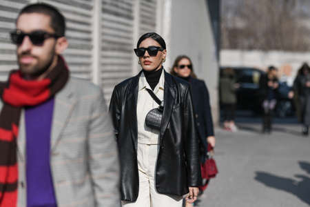 Milan, Italy - February 19, 2020: Street style appearance during Milan Fashion Week - streetstylefw20のeditorial素材