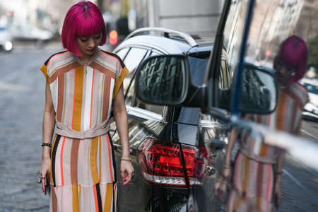 Milan, Italy - February 20, 2020: Ami Suzuki before a fashion show during Milan Fashion Week - streetstylefw20のeditorial素材