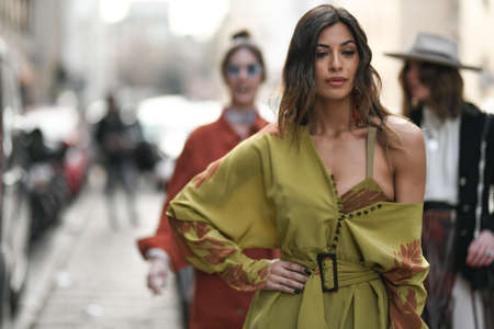 Milan, Italy - February 20, 2020: Street style appearance during Milan Fashion Week - streetstylefw20のeditorial素材