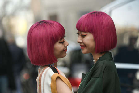 Milan, Italy - February 20, 2020: Ami Suzuki, Aya Suzuki before a fashion show during Milan Fashion Week - streetstylefw20のeditorial素材