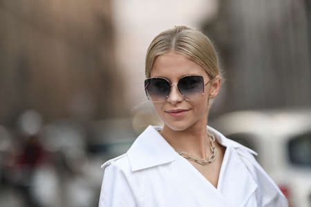 Milan, Italy - February 20, 2020: Caroline Daur before a fashion show during Milan Fashion Week - streetstylefw20のeditorial素材