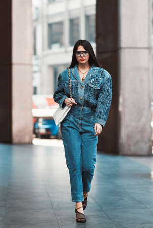 Milan, Italy - February 22, 2020: Street style appearance during Milan Fashion Week - streetstylefw20のeditorial素材