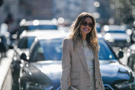 Milan, Italy - February 20, 2020: Street style appearance during Milan Fashion Week - streetstylefw20のeditorial素材