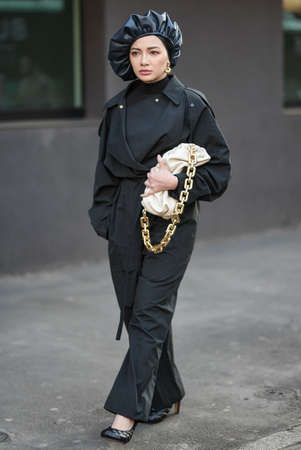 Milan, Italy - February 22, 2020: Street style appearance during Milan Fashion Week - streetstylefw20のeditorial素材