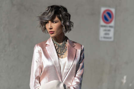 Milan, Italy - February 19, 2020: Street style appearance during Milan Fashion Week - streetstylefw20のeditorial素材