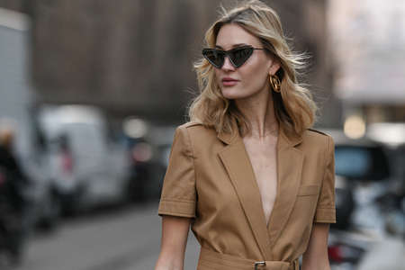 Milan, Italy - February 20, 2020: Street style appearance during Milan Fashion Week - streetstylefw20のeditorial素材