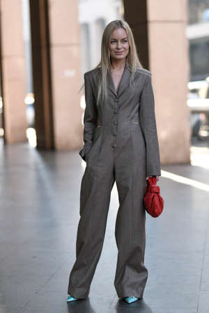 Milan, Italy - February 22, 2020: Street style appearance during Milan Fashion Week - streetstylefw20のeditorial素材