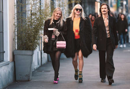 Milan, Italy - February 21, 2020: Street style appearance during Milan Fashion Week - streetstylefw20のeditorial素材