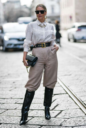 Milan, Italy - February 20, 2020: Street style appearance during Milan Fashion Week - streetstylefw20のeditorial素材
