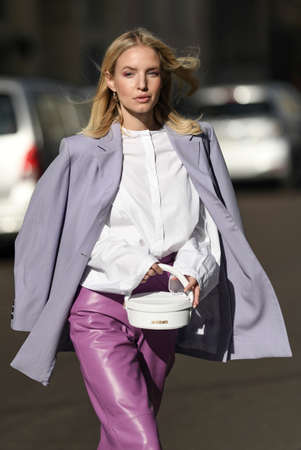 Milan, Italy - February 20, 2020: Leonie Hanne before a fashion show during Milan Fashion Week - streetstylefw20のeditorial素材