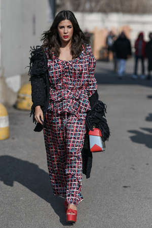 Milan, Italy - February 19, 2020: Street style appearance during Milan Fashion Week - streetstylefw20のeditorial素材
