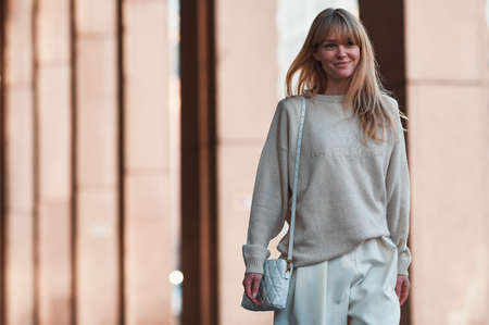 Milan, Italy - February 22, 2020: Street style appearance during Milan Fashion Week - streetstylefw20のeditorial素材