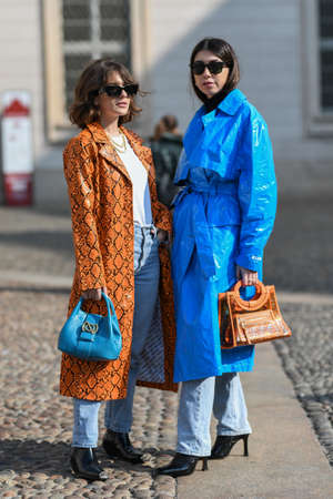 Milan, Italy - February 19, 2020: Street style appearance during Milan Fashion Week - streetstylefw20のeditorial素材