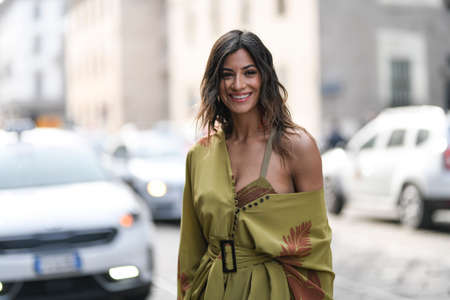 Milan, Italy - February 20, 2020: Street style appearance during Milan Fashion Week - streetstylefw20のeditorial素材
