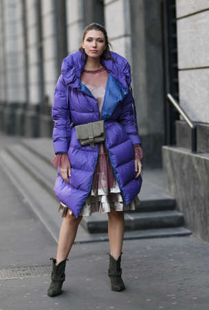 Milan, Italy - February 22, 2020: Street style appearance during Milan Fashion Week - streetstylefw20のeditorial素材