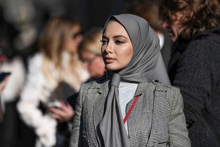 Milan, Italy - February 20, 2020: Neelofa before a fashion show during Milan Fashion Week - streetstylefw20のeditorial素材