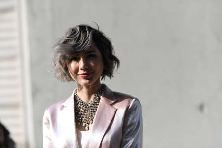 Milan, Italy - February 19, 2020: Street style appearance during Milan Fashion Week - streetstylefw20のeditorial素材