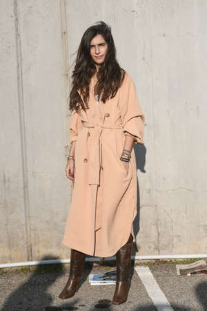 Milan, Italy - February 19, 2020: Street style appearance during Milan Fashion Week - streetstylefw20のeditorial素材