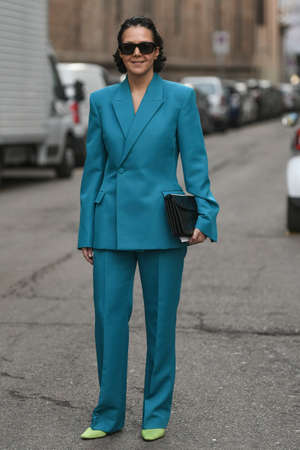 Milan, Italy - February 20, 2020: Street style appearance during Milan Fashion Week - streetstylefw20のeditorial素材