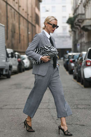 Milan, Italy - February 20, 2020: Viktoria Rader before a fashion show during Milan Fashion Week - streetstylefw20のeditorial素材
