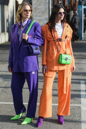 Milan, Italy - February 19, 2020: Street style appearance during Milan Fashion Week - streetstylefw20のeditorial素材