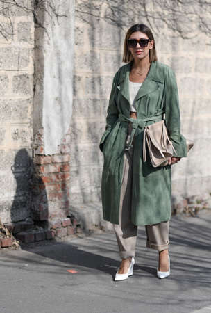 Milan, Italy - February 23, 2020: Street style appearance during Milan Fashion Week - streetstylefw20のeditorial素材