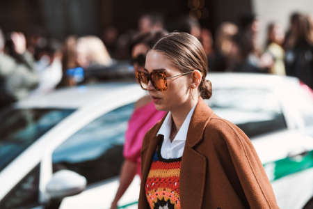 Milan, Italy - February 23, 2020: Street style appearance during Milan Fashion Week -...